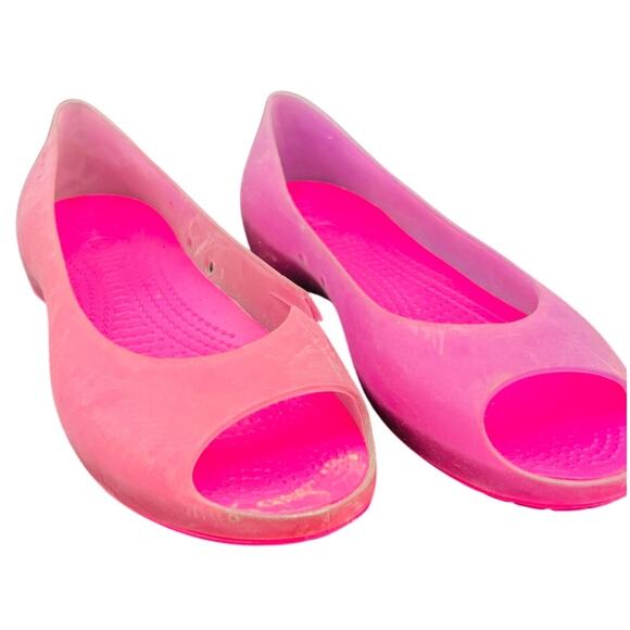 🌸 Crocs Pink Peep Toe Flats 9 – Lightweight Casual Summer Slip-On Shoes jelly - Picture 1 of 6